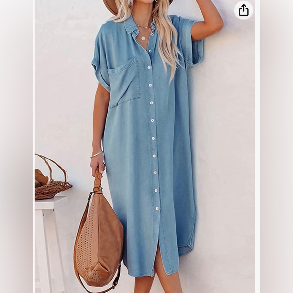 Cupshe Dress Button Down Shirt Dress Short Sleeve V Neck Blue XS NWT